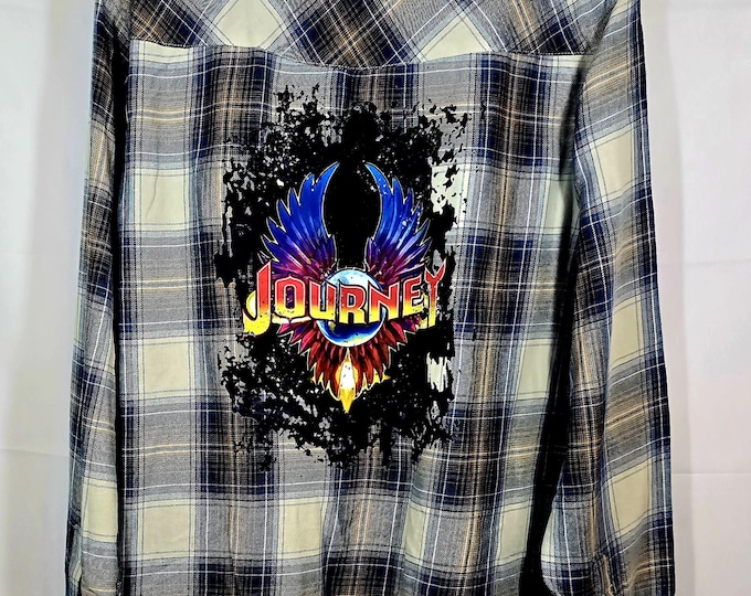 Upcycled Like New Large Black plaid Flannel Shirt with Famous Journey Band designed Iron on.