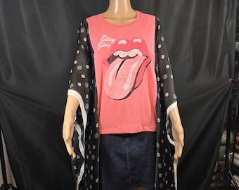 THE Rolling Stones Poncho. Handmade Upcycled Peach Cotton T-shirt Poncho with Silk Polyester Blend Fabric Sleeves.
