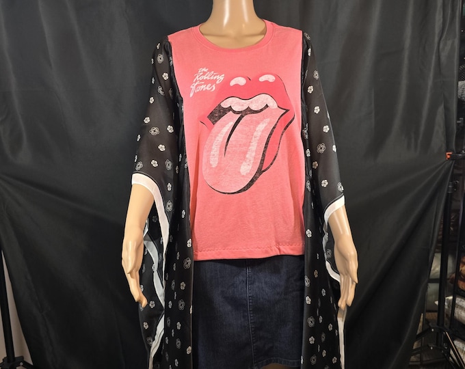 THE Rolling Stones Poncho. Handmade Upcycled Peach Cotton T-shirt Poncho with Silk Polyester Blend Fabric Sleeves.