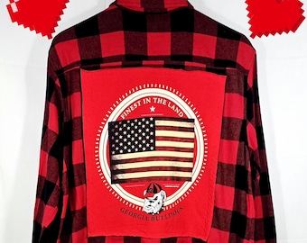 Upcycled Like New Large Flannel Shirt with inspiring Georgia BullDogs with Flag designed patch.