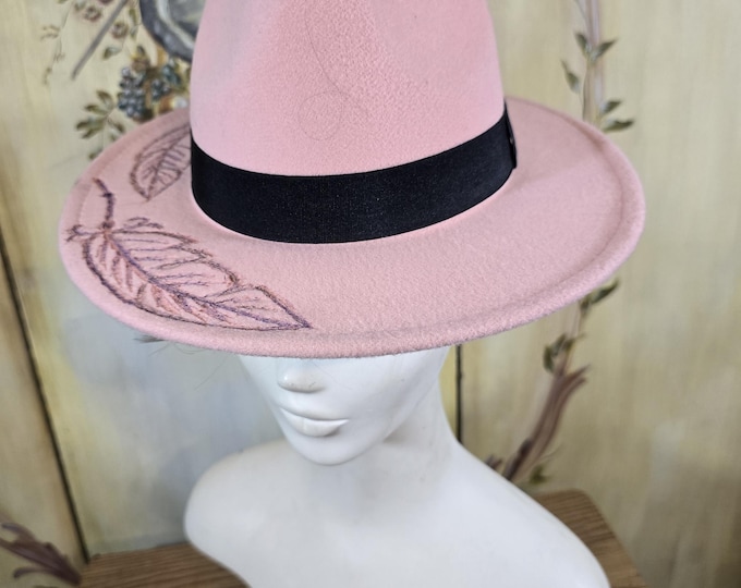 Burned Plush Pink and Black Western Fedora Hat Custom Made. Adjustable Size.