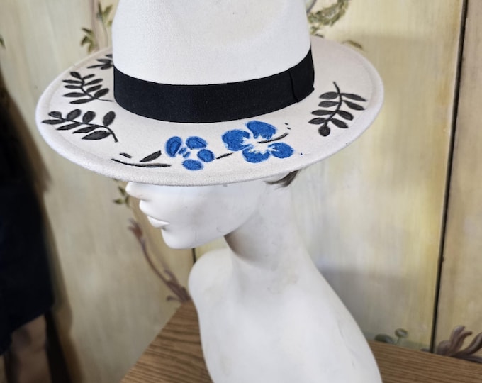 Burned White Black Blue Flowers Hat Custom Made. Adjustable Size. Western Fedora Hat.