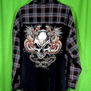 Upcycled Like New Large Brown and Blue Plaid Flannel Shirt with Awesome Skull and Dragons designed patch backing.