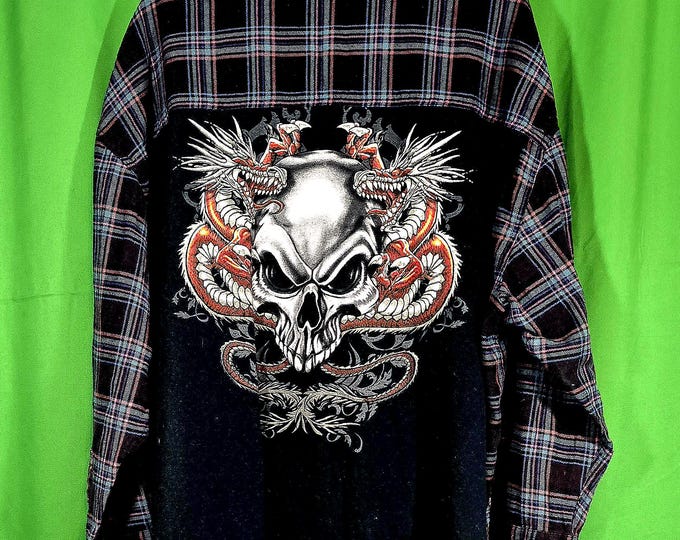 Upcycled Like New Large Brown and Blue Plaid Flannel Shirt with Awesome Skull and Dragons designed patch backing.