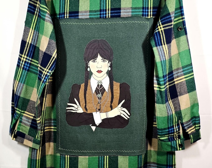 New Womens Large Flannel Extra Long Shirt with Wednesday Adam's  designed patch.