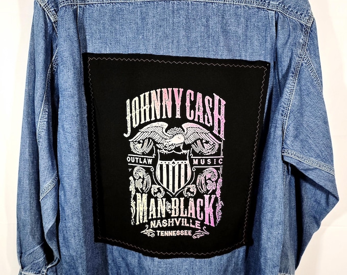 Upcycled Like New Johnny Cash Light Blue Cotton Long Sleave Shirt