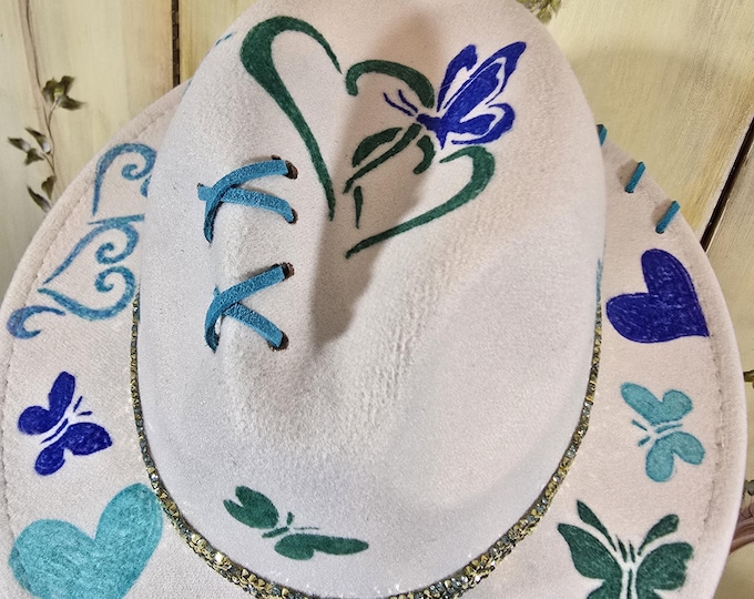 Festival Hand Painted Blue & Beige Custom Made Adjustable Size Western Fedora Hat.