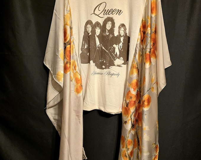 Queen - Bohemian Rapsody. Handmade Beige Cotton T-shirt Poncho with Orange Tones Polyester Silk Fabric Sleeves.