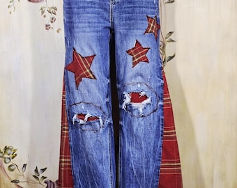 Patches & Flairs Upcycled Handmade Creative Demim Jeans. Size 5 with Stretch and Flair.