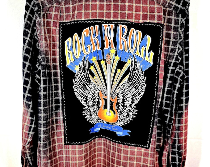 Upcycled Like New Medium Bleached Flannel Shirt with Rock & Roll designed patch.