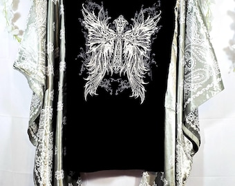 Unique Cross Design Handmade Black Cotton T-shirt with Silver Silk Sleeves Poncho