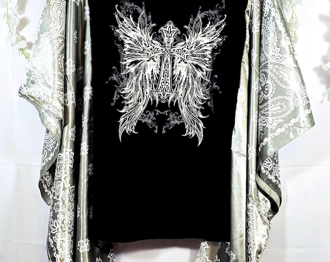 Unique Cross Design Handmade Black Cotton T-shirt with Silver Silk Sleeves Poncho