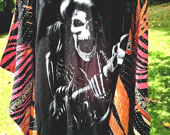 Wild Skeleton/ Scull Unique Handmade Black-Red Cotton T-shirt with Kantha Cotton Sleeves Poncho