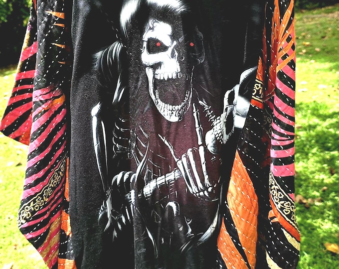 Wild Skeleton/ Scull Unique Handmade Black-Red Cotton T-shirt with Kantha Cotton Sleeves Poncho