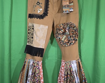 Uniquely Upcycled Handmade with Floral Creative Patches Bell Flair Jeans. Size 14 Goldish Brown Cotton Denim.