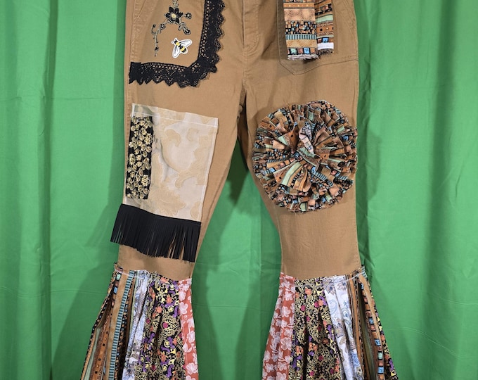 Uniquely Upcycled Handmade with Floral Creative Patches Bell Flair Jeans. Size 14 Goldish Brown Cotton Denim.
