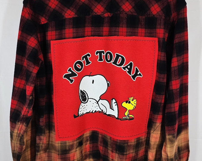 Upcycled Like New Large Heavy Bleached Flannel Shirt with Famous Snoopy designed patch.