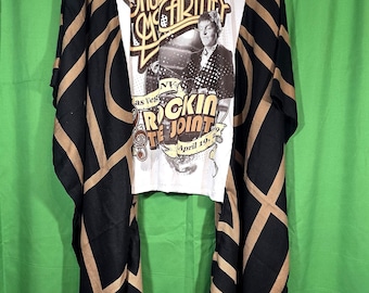 Paul McCarthy - Rock n Roll. Handmade White Cotton T-shirt Poncho with Brown, Black, Beige Tones Polyester Cotton Silk Fabric Sleeves.
