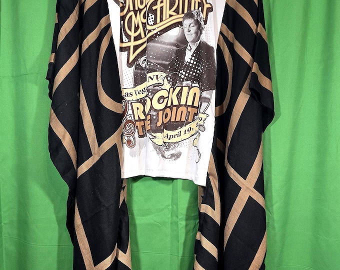 Paul McCarthy - Rock n Roll. Handmade White Cotton T-shirt Poncho with Brown, Black, Beige Tones Polyester Cotton Silk Fabric Sleeves.
