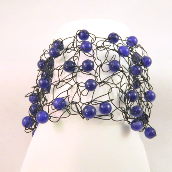 Purple Beaded Wire Crochet Bracelet with Aventurine, Purple Cuff with Black Wire, Purple and Black Wire Bracelet