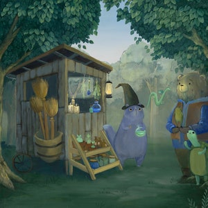 Könnte beinhalten: Illustration einer skurrilen Waldszene mit einem Holzladen. Eine lila Katze mit Hexenhut hält einen Trank. Ein Bär und eine Schildkröte sind ebenfalls vorhanden. Besen, Kerzen und Flaschen sind sichtbar.