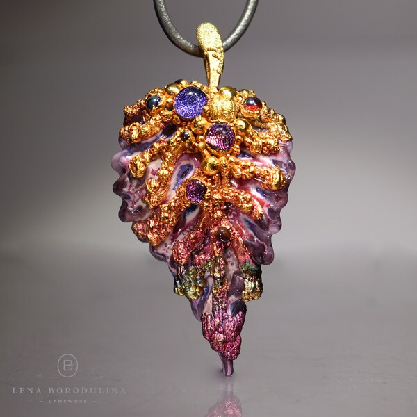 Anhänger Lampwork Blatt mit elektroforming