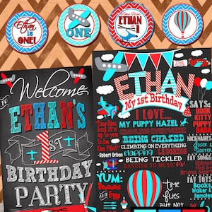 custom airplane birthday party package, unique time flies birthday party decor and signs for all ages blue red birthday  ID# BRDAUT02