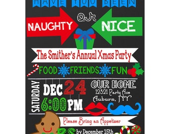 Naughty or Nice Christmas Party invitations, naughty or nice invites, unique holiday invites, modern xmas invite, red green invite INVXMS01