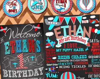 custom airplane birthday party package, unique time flies birthday party decor and signs for all ages blue red birthday  ID# BRDAUT02