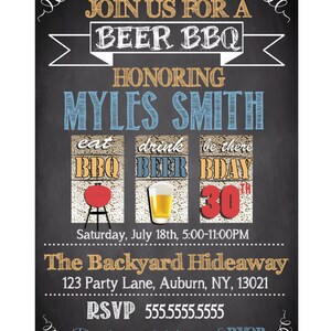 May include: A chalkboard style invitation for a 30th birthday party. The invitation is for a beer BBQ honoring Myles Smith. The party is on Saturday, July 18th from 5:00-11:00 PM at The Backyard Hideaway, 123 Party Lane, Auburn, NY, 13021. The RSVP number is 555.5555.5555. The invitation says to bring a side dish to pass and BYOB.