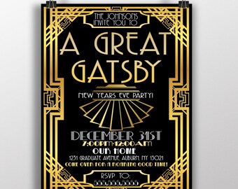 Silvester Gatsby Einladungen, Great Gatsby Party lädt ein, Prost auf ein neues Jahr Einladungen, Gold und Schwarz Silvesterparty Einladungen INVGAT01