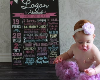 Girls 1st birthday, modern baby girls first birthday, colorful girl birthday, bunting birthday chalkboard style, FREE 8x10 ID# BRDFLG07