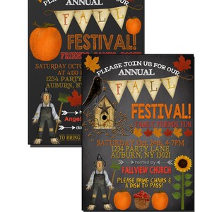 May include: Two fall festival invitations on a black background. The invitations feature pumpkins, scarecrows, and fall leaves. Text includes "Annual Fall Festival!" and event details.