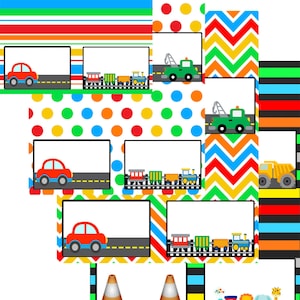 Voedseletiketten voor verjaardagsfeestje kleine jongens, voedseltenten voor transport, kleurrijke feestaccessoires voor auto&#39;s, voedseletiketten voor autoverjaardag