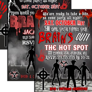 Modern zombie party invites, unique zombie halloween party invitations, zombie apocalypse invites, scary zombie halloween invites, INVHWN03 image 1