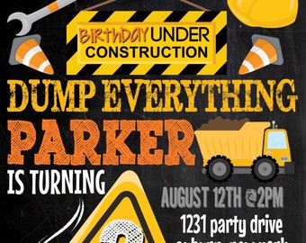 construction birthday party invites, unique construction birthday invitations, construction bday party idea, orange yellow bday ID# INVAUT01