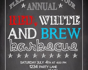 Red, white and brew bbq invitations, beer bbq invites, red white and blue party invitations, 4th of july invites, unique fourth, INVAME05