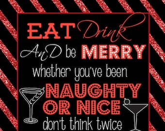 naughty or nice invitations, unique naughty or nice christmas party invites, red black gliter holiday party invitations, modern INVXMS03