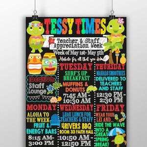 Luau Teacher Appreciation Week, Teacher Appreciation luau schedule, teacher appreciation week schedule, hawaiian teacher appreciation week