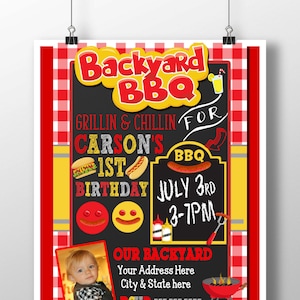 bbq birthday invitation, bbq 1st birthday, backyard bbq party invites, kids birthday bbq party decor, red checkered invites, INVBBQ11 Carson Style