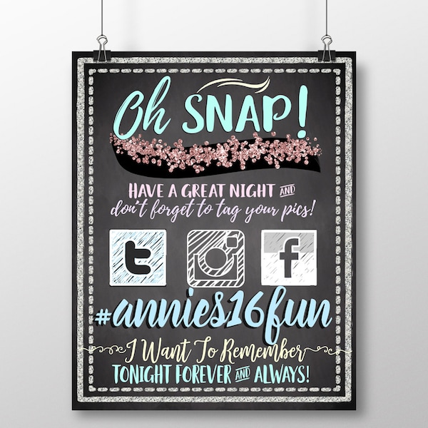 hashtag sign, tag your photo sign, oh snap sign, have fun and tag sign, custom hashtag sign, sweet 16 birthday decor, social media, SGNSWT16