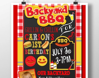 bbq birthday invitation, bbq 1st birthday, backyard bbq party invites, kids birthday bbq party decor, red checkered invites, INVBBQ11