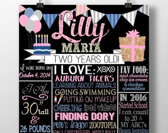 Pink and blue birthday, pink and gold birthday, ANY AGE, birthday chalkboard style layout, custom 1st birthday, custom 2nd birthday BRDFLG09