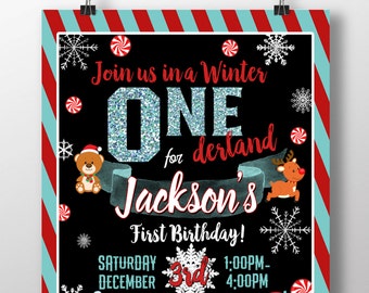 Winter onederland invites, 1st birthday winter invitations, winter wonderland invitations, red teal birthday invites, INVWTR03