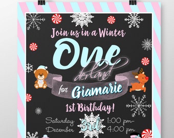 Winter Wonderland invites, first birthday winter invitations, winter wonderland invitations, pink blue birthday invites, INVWTR03