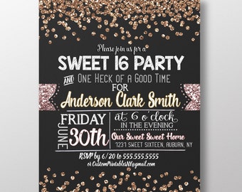 Sweet 16 birthday, sweet 16 invites, 16th birthday party invitations, gold birthday party, sparkle sweet 16, confirmation party, INVSWT16