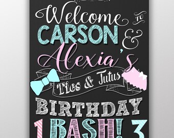Ties and tutu bash, twin birthday party, sibling birthday party ideas, sibling birthday party signs, tutus and tie, tie tutu bash, SGNTWN01