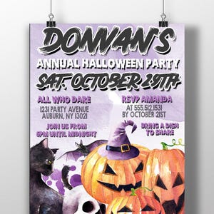 May include: An invitation to a Halloween party with a purple watercolor background. The invitation features a black cat, bats, and three jack-o'-lanterns. The text reads "Donvan's Annual Halloween Party Sat. October 29th. All who dare 1231 Party Avenue Auburn, NY 13021 Join us from 6pm until midnight. RSVP Amanda at 555.512.1531 by October 21st. Bring a dish to share. Costumes required."