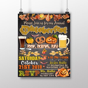 May include: A chalkboard style invitation to an Oktoberfest party. The invitation features a black background with orange, yellow, and brown fall leaves, a pretzel, a beer mug, a pumpkin, and an apple. The text reads "Please Join us for our Annual Oktoberfest Food, Friends, Fun! Saturday October 21st 2019 6:00 PM-1:00AM Lee Lee Kathe 37 Oktoberfest Rd. Northfield, CT 06778 RSVP Ms. Kathe 311.866.6307 by Sept 23rd"
