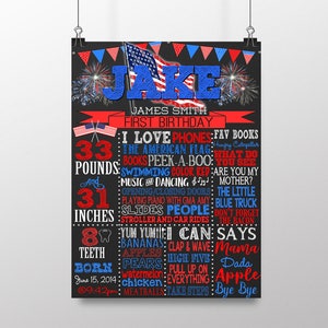 May include: A chalkboard style first birthday sign for a boy named Jake. The sign is decorated with red, white, and blue stars and fireworks. It lists Jake's age, weight, height, and other milestones. The sign also includes the text "I love phones: Fav books, The American Flag: What do you see, Books Peek-a-Boo: Are you my mother?"